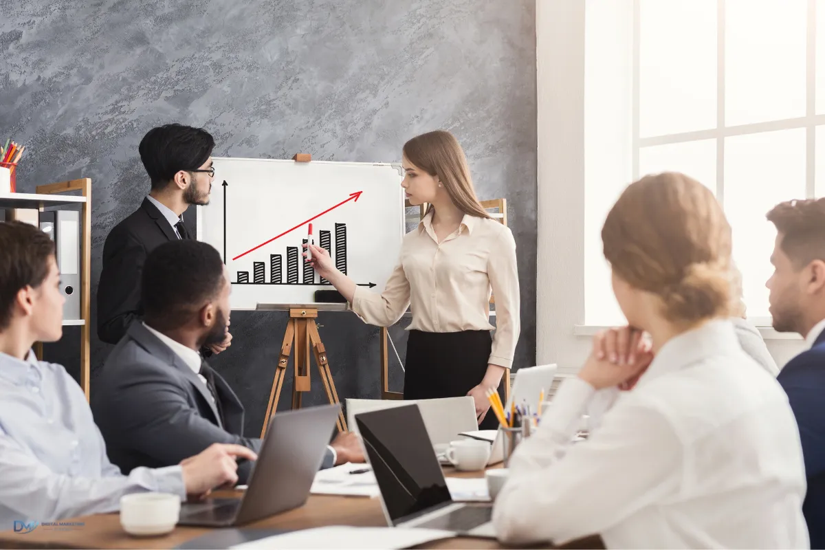 Marketing team reviewing digital marketing services growth chart in a strategy meeting